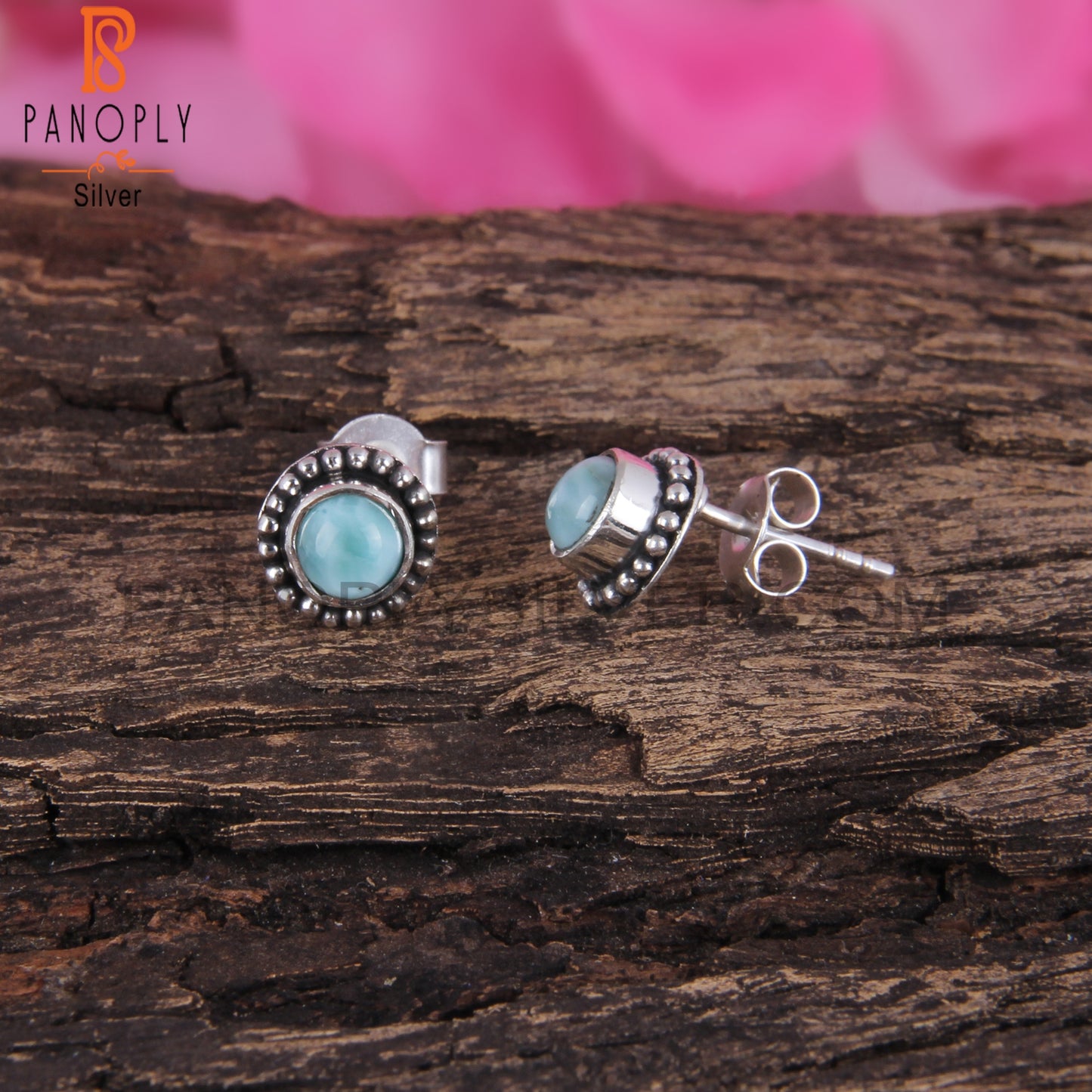 Larimar Round Shape 925 Sterling Silver Earrings