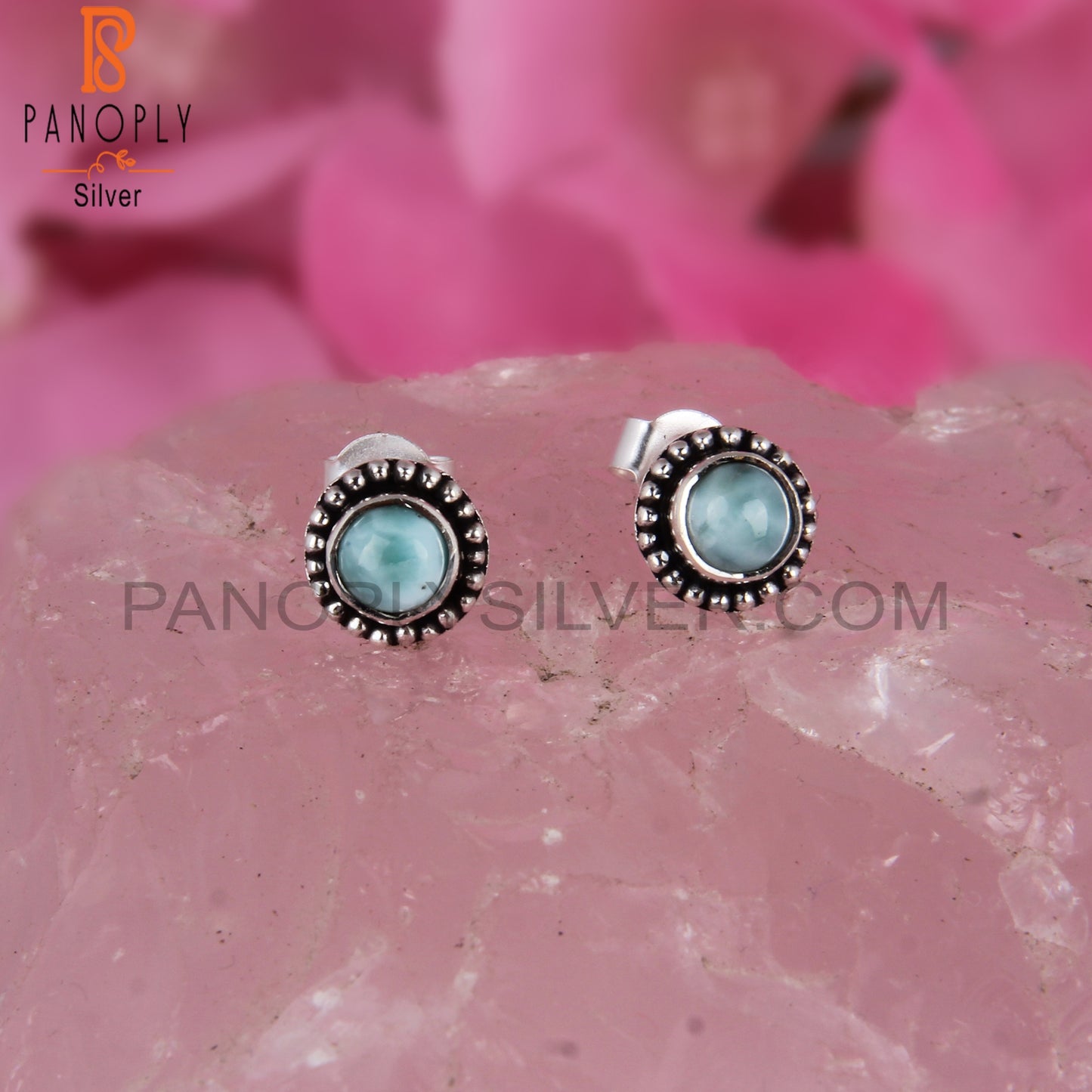 Larimar Round Shape 925 Sterling Silver Earrings