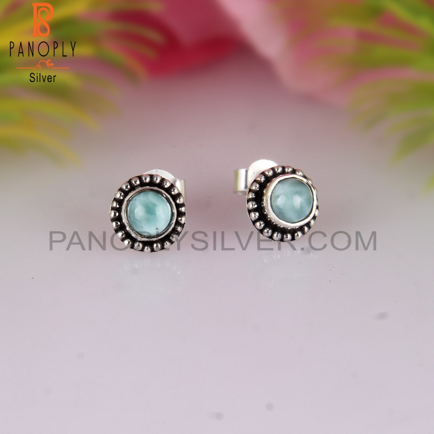 Larimar Round Shape 925 Sterling Silver Earrings