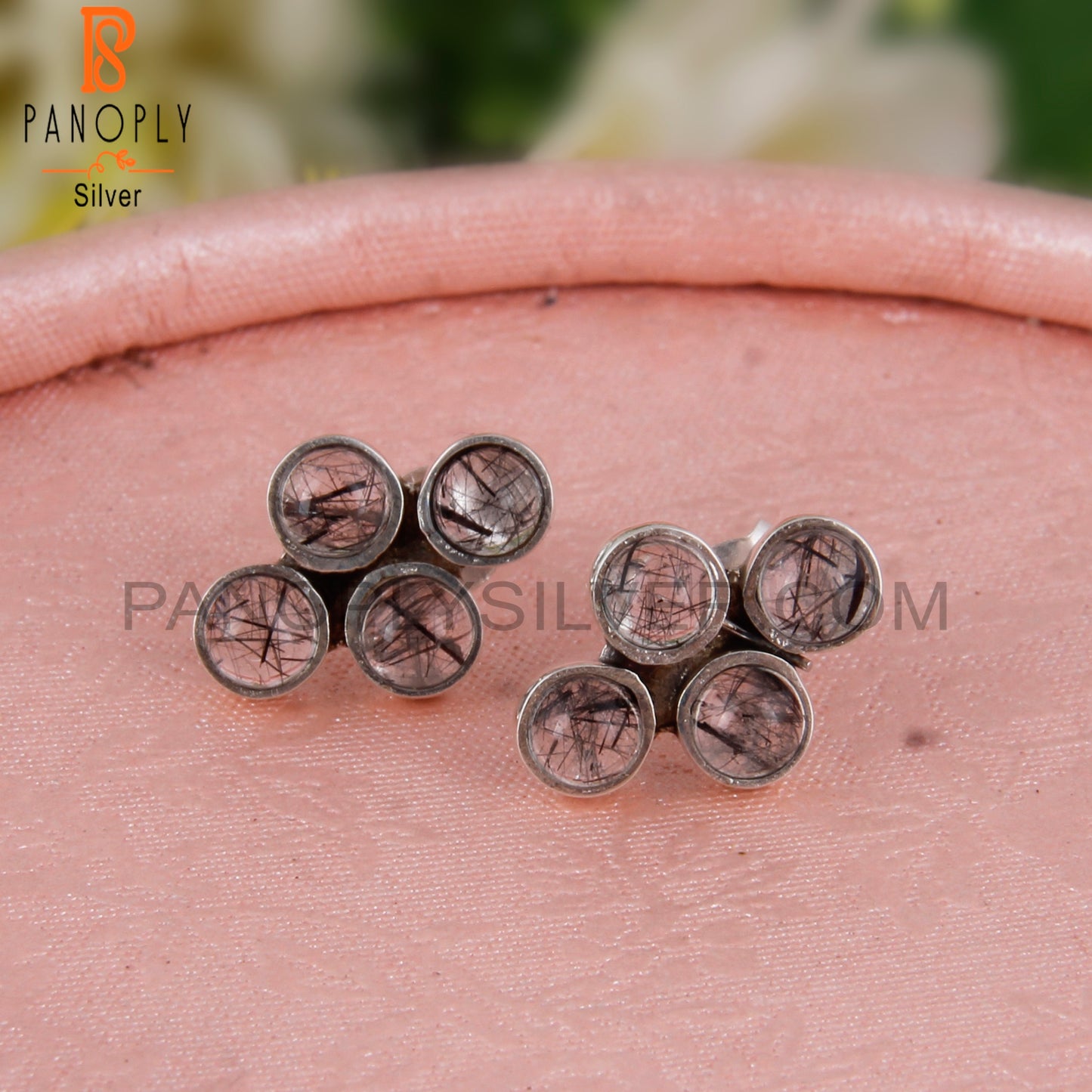 Black Rutile Round Shape 925 Sterling Silver Earrings Studs