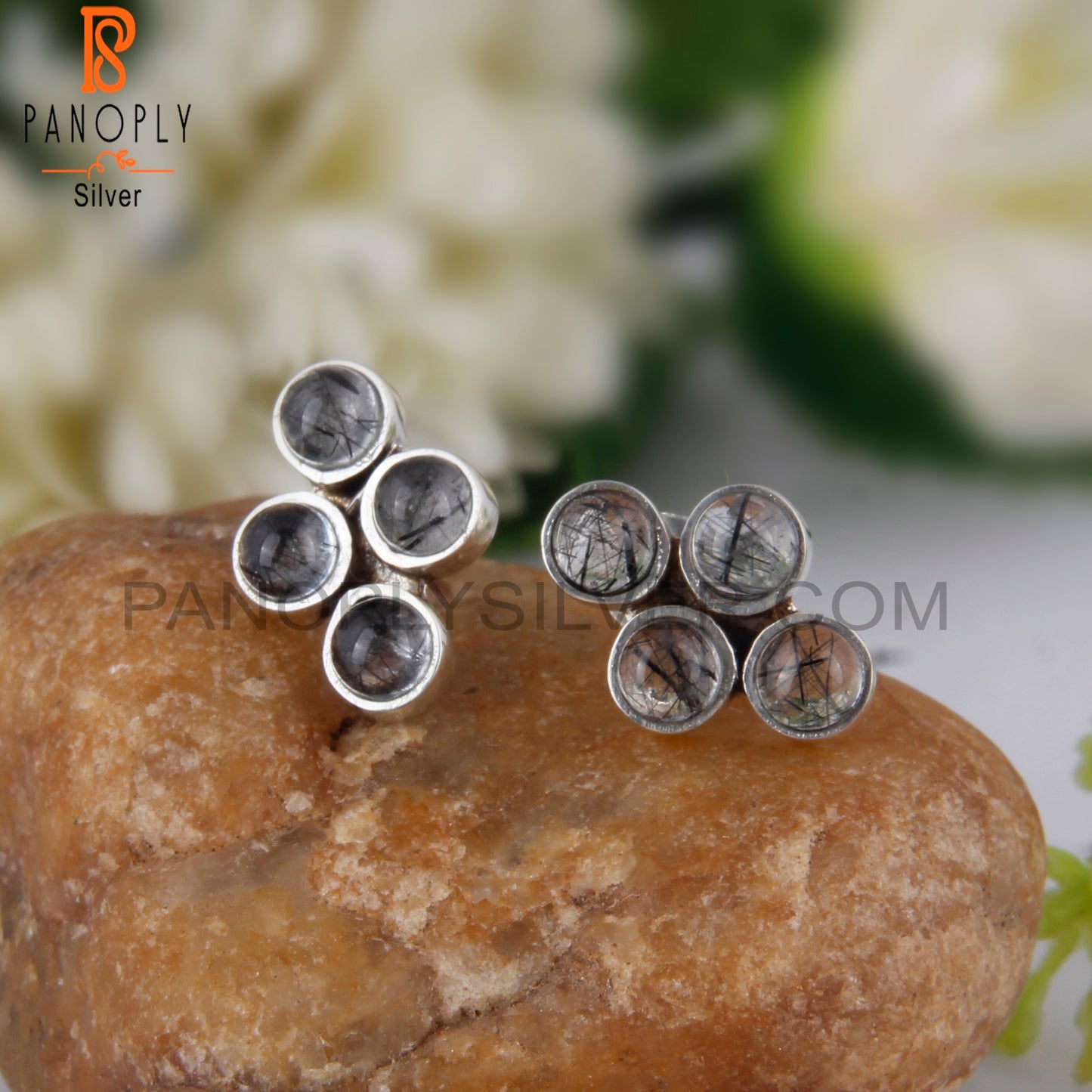 Black Rutile Round Shape 925 Sterling Silver Earrings Studs