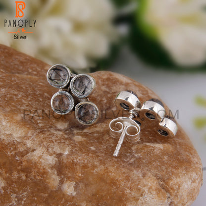 Black Rutile Round Shape 925 Sterling Silver Earrings Studs