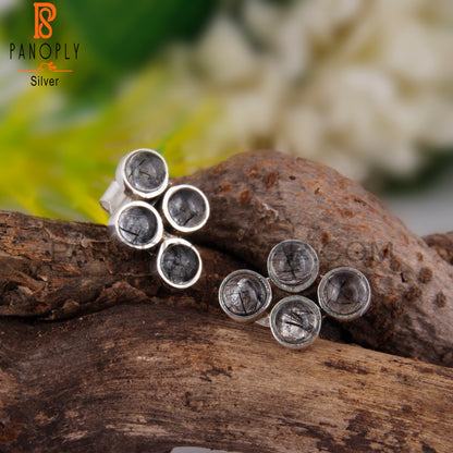 Black Rutile Round Shape 925 Sterling Silver Earrings Studs