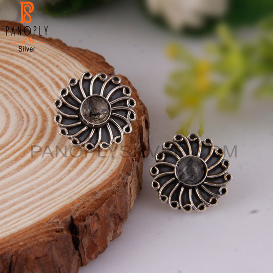 Black Rutile Round Sterling Silver Studs Earrings