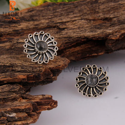 Black Rutile Round Sterling Silver Studs Earrings