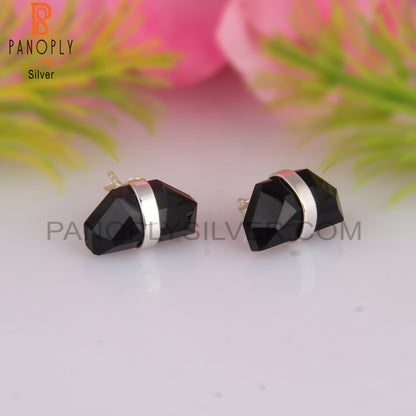 Black Onyx Hexagon D Shape 925 Sterling Silver Earrings