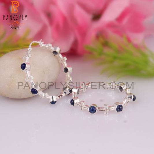 Lapis Round Shape 925 Sterling Silver Hoop Studs Earrings