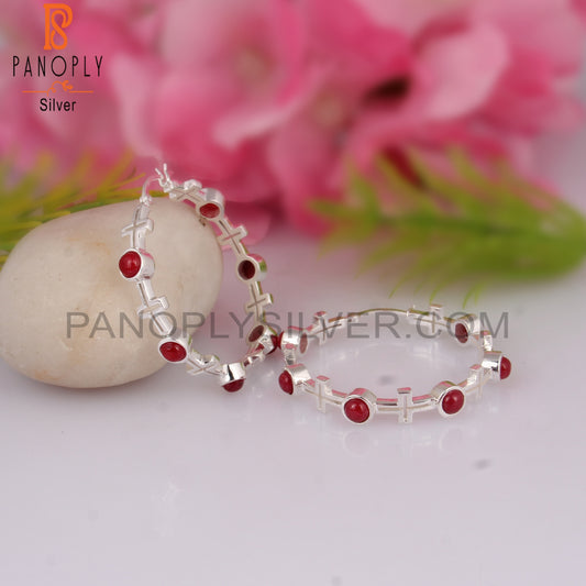 Ruby Natural Corundum 925 Silver Hoop Studs Earrings