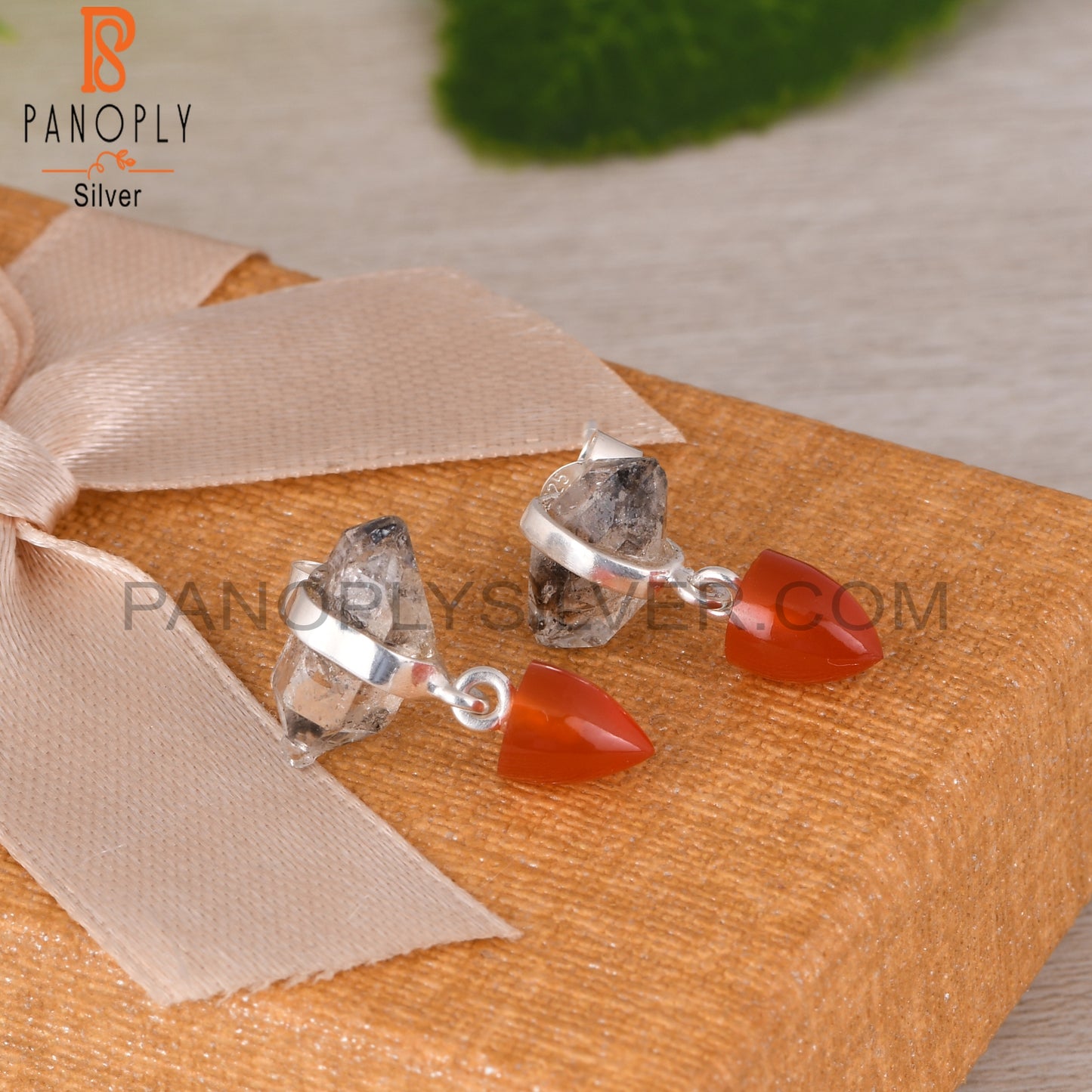 Carnelian & Herkimer Diamond 925 Sterling Silver Earrings