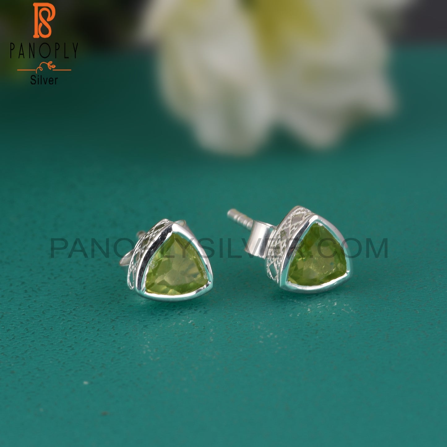 Peridot Trillion Shape 925 Sterling Silver Earrings