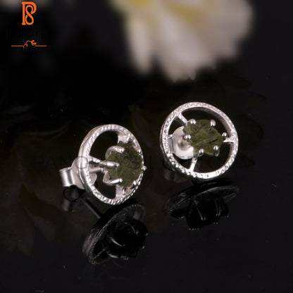 Moldavite 925 Sterling Silver Stamp Earrings