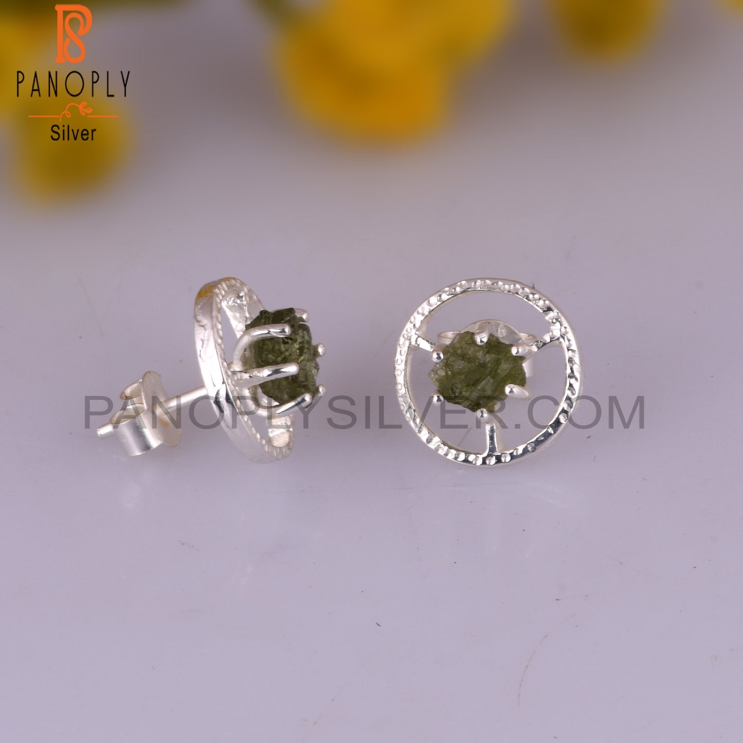 Moldavite 925 Sterling Silver Stamp Earrings