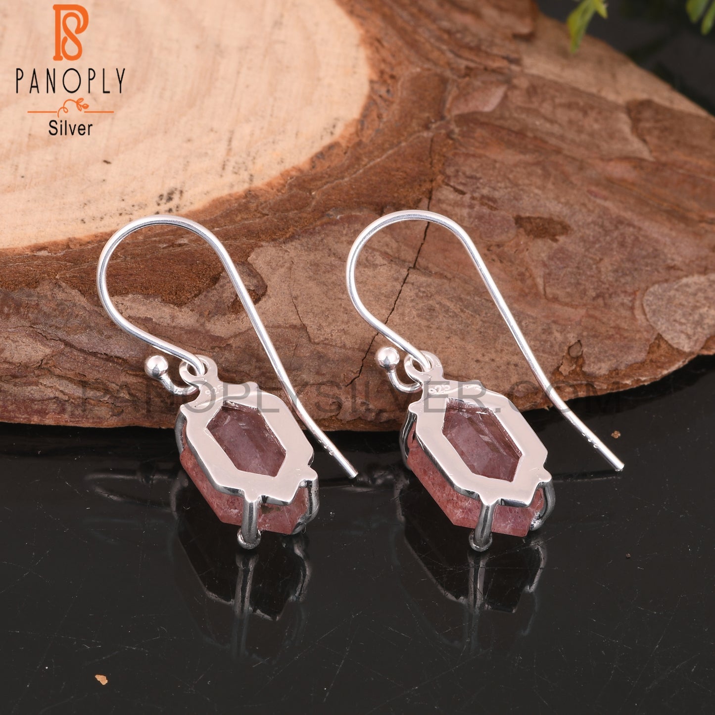 Strawberry Quartz Elongated Hexagon 925 Silver Earrings