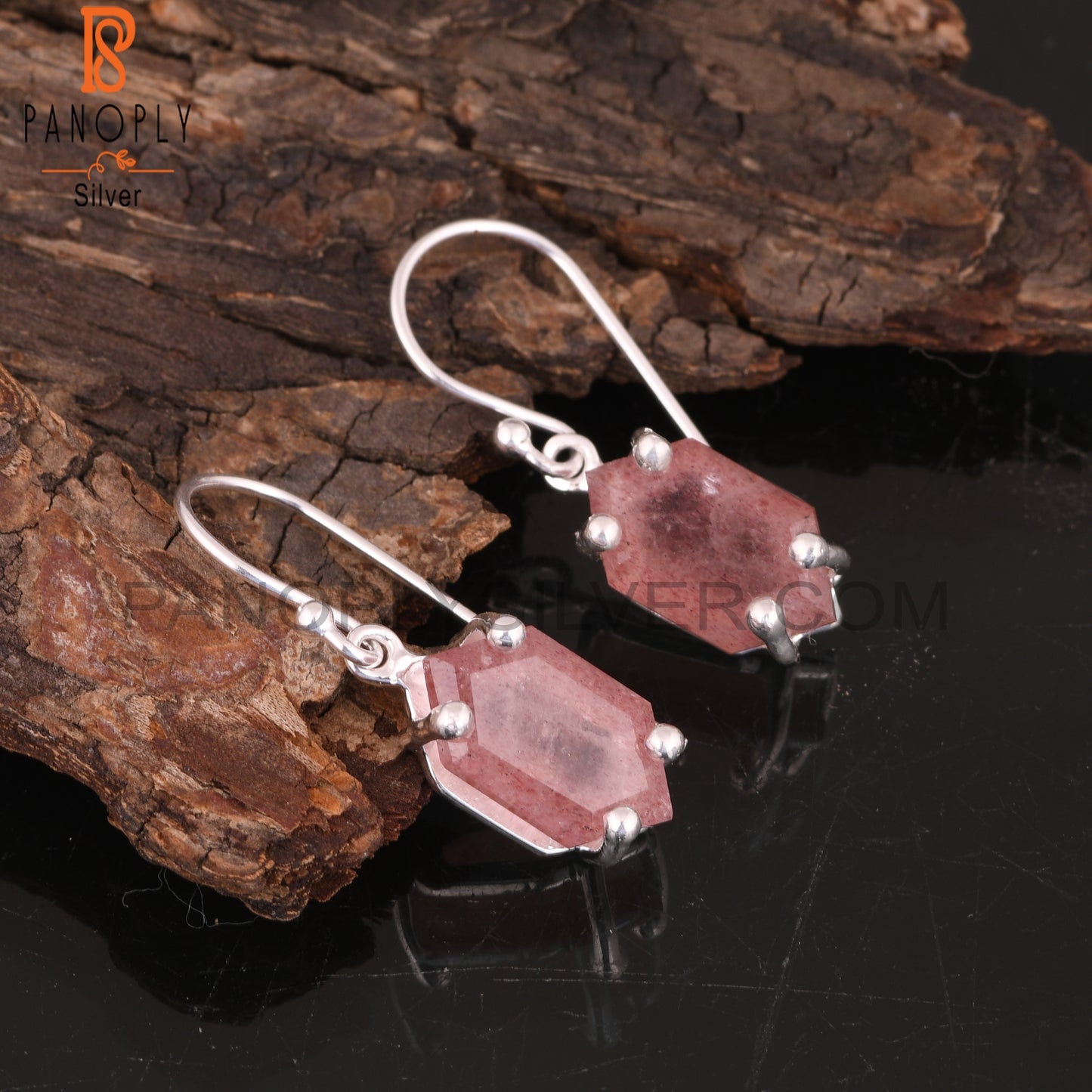 Strawberry Quartz Elongated Hexagon 925 Silver Earrings