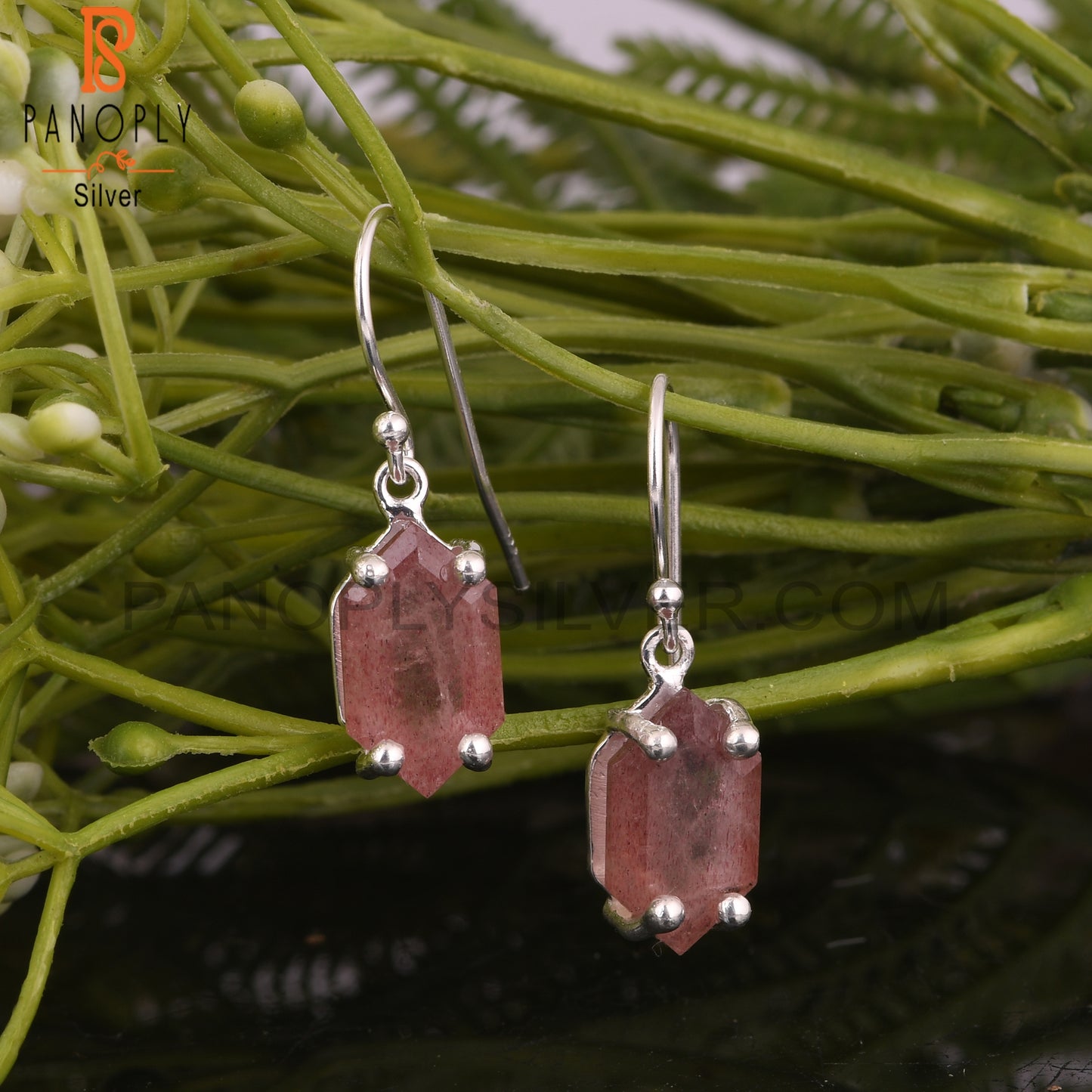 Strawberry Quartz Elongated Hexagon 925 Silver Earrings