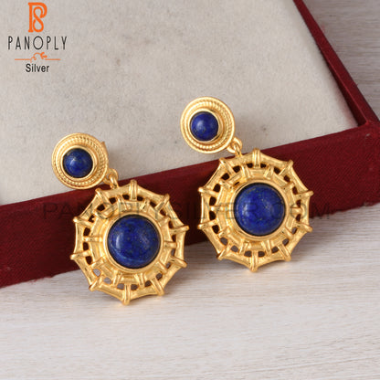 Lapis Double Stone Round 925 Sterling Silver Earrings