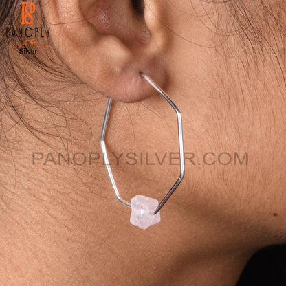 Rose Quartz Rough 925 Sterling Silver Octagaon Band Earrings