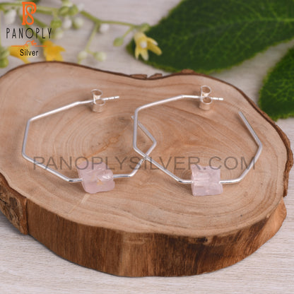 Rose Quartz Rough 925 Sterling Silver Octagaon Band Earrings