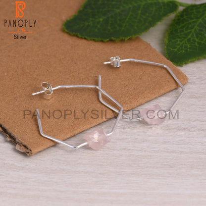 Rose Quartz Rough 925 Sterling Silver Octagaon Band Earrings