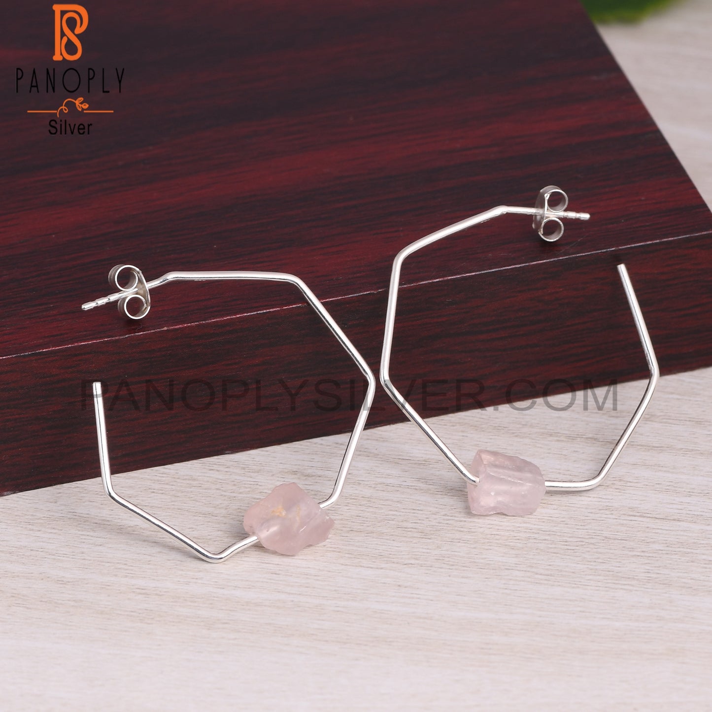 Rose Quartz Rough 925 Sterling Silver Octagaon Band Earrings