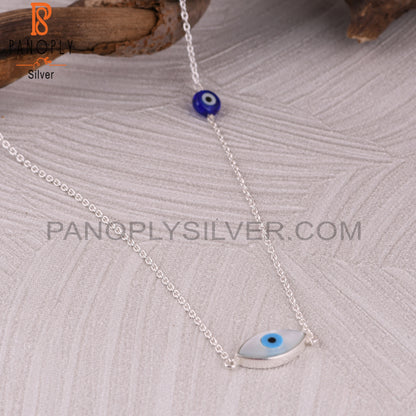 Mother of Pearl & Blue Resin Evil Eye 925 Silver Necklace