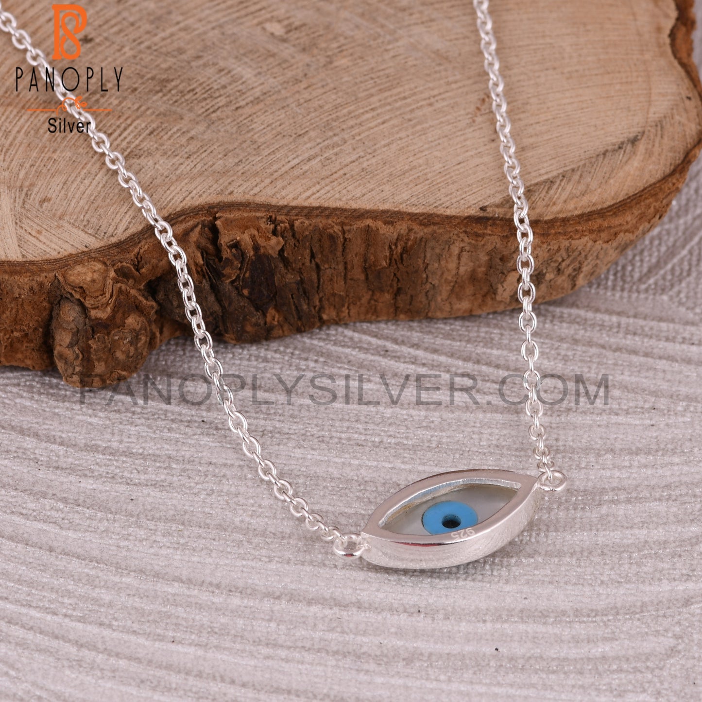 Mother of Pearl & Blue Resin Evil Eye 925 Silver Necklace