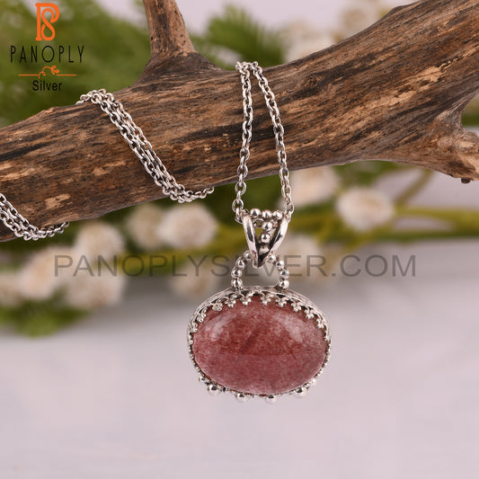 Handmade Strawberry Quartz Oval 925 Sterling Silver Pendant