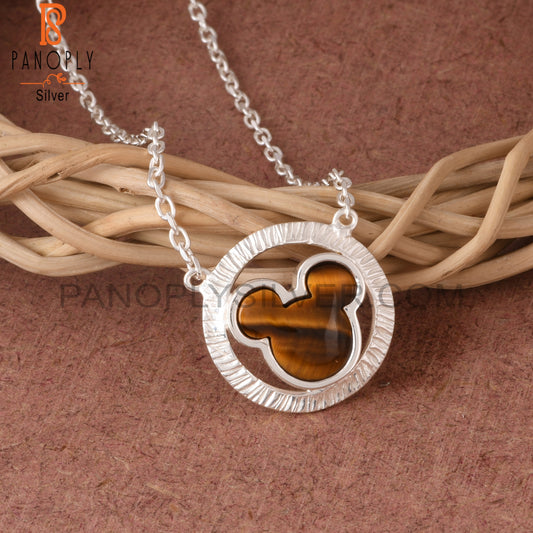 Tiger Eye Yellow Mickey Mouse in Circle 925 Silver Pendant