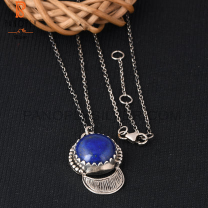 Lapis Round Shape 925 Sterling Silver Pendant With Chain