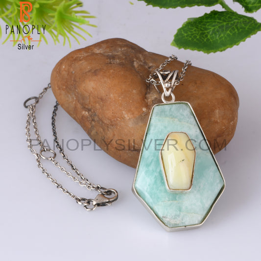 Yellow Opal & Amazonite Coffin Silver Pendant With Chain