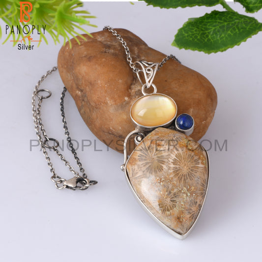 Doublet Yellow Mop Crystal, Lapis, Fossil Coral 925 Pendant