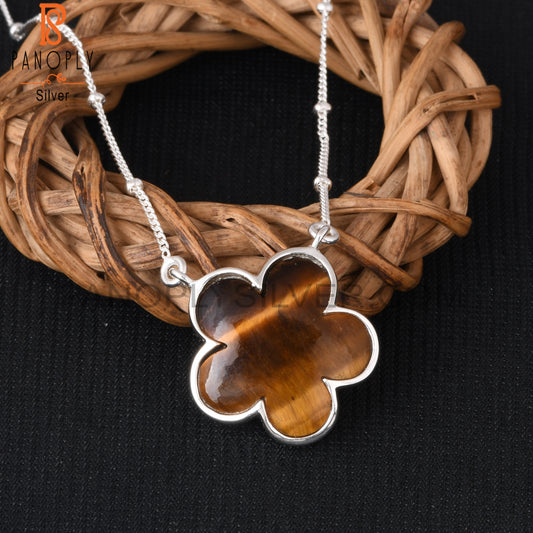 Tiger Eye Yellow Flower 925 Silver Pendant Ball Chain