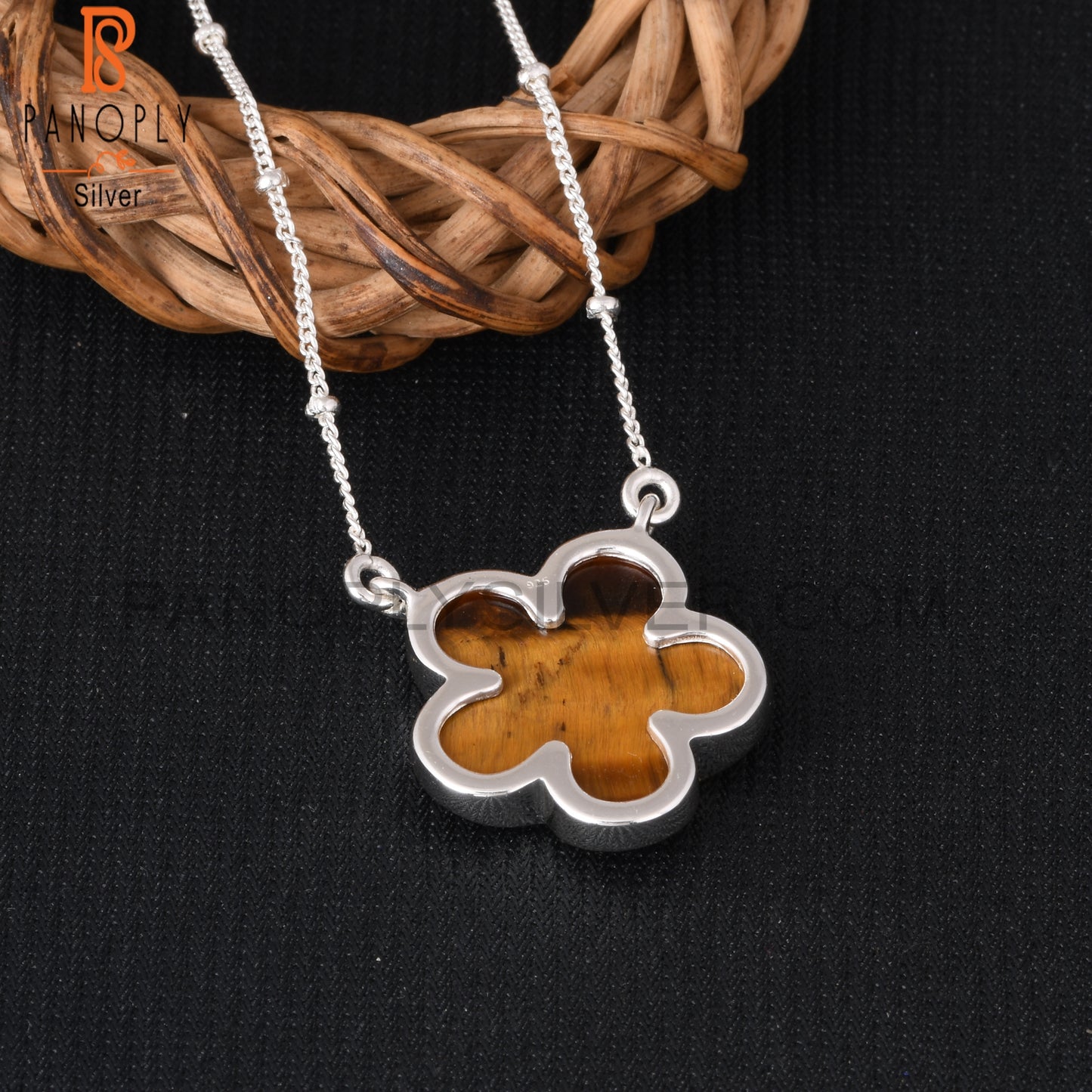 Tiger Eye Yellow Flower 925 Silver Pendant Ball Chain