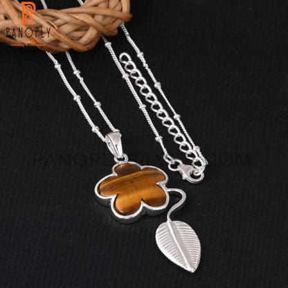 Tiger Eye Yellow Flower 925 Sterling Silver Sun Leaf Pendant