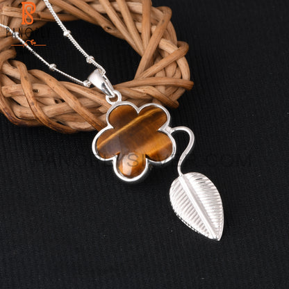 Tiger Eye Yellow Flower 925 Sterling Silver Sun Leaf Pendant