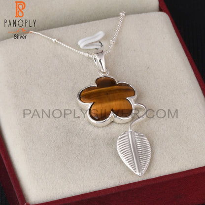 Tiger Eye Yellow Flower 925 Sterling Silver Sun Leaf Pendant