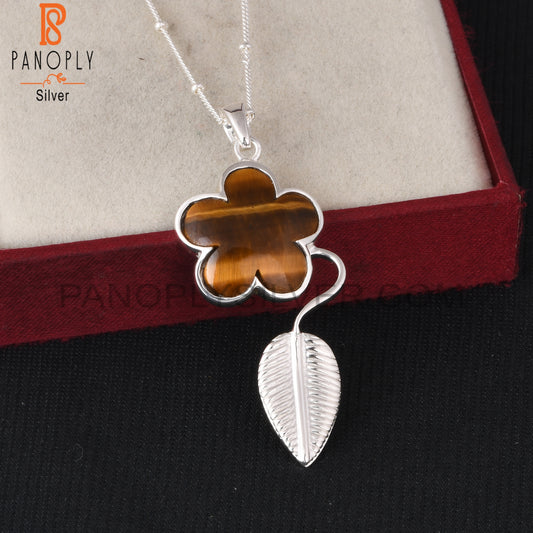 Tiger Eye Yellow Flower 925 Sterling Silver Sun Leaf Pendant