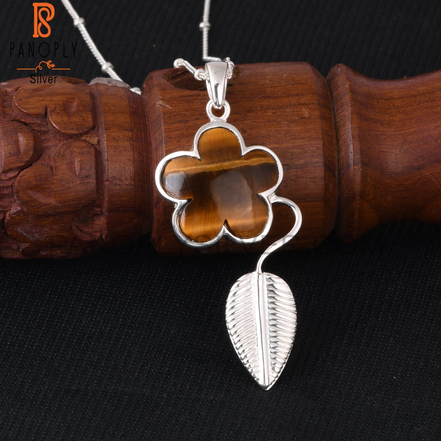 Tiger Eye Yellow Flower 925 Sterling Silver Sun Leaf Pendant