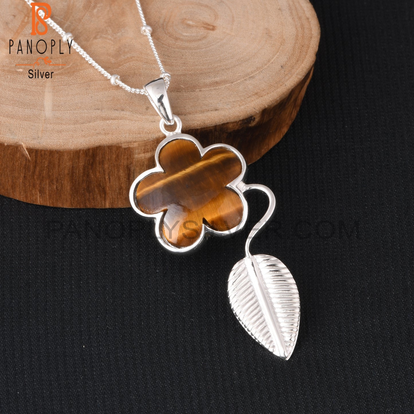 Tiger Eye Yellow Flower 925 Sterling Silver Sun Leaf Pendant