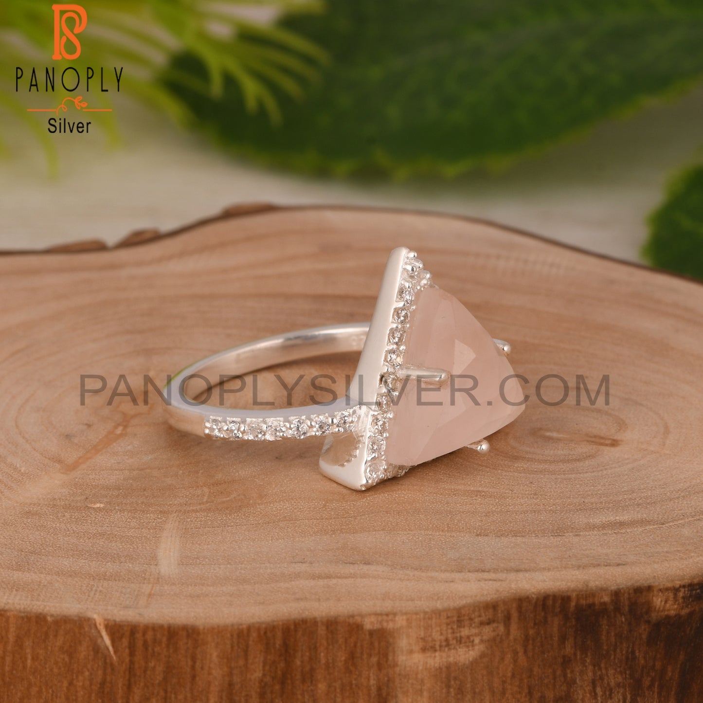 Rose Quartz & Cubic Zirconia Triangle Shape 925 Silver Ring