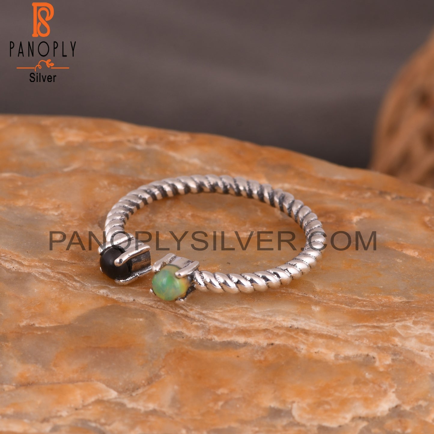 Smoky & Ethiopian Opal Round 925 Silver Twisted Band Ring