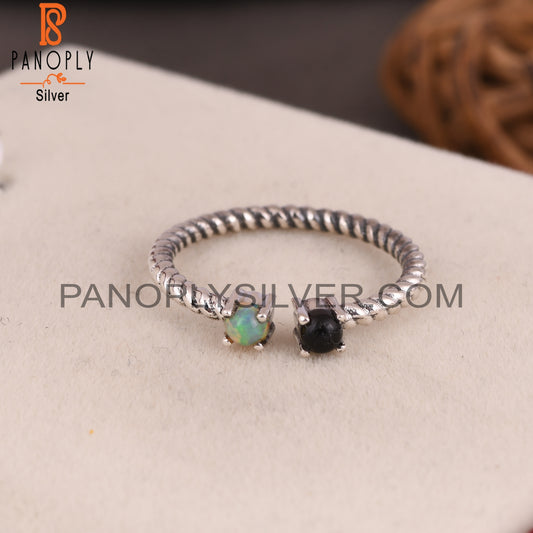 Black Onyx & Ethiopian Opal 925 Silver Twisted Band Ring