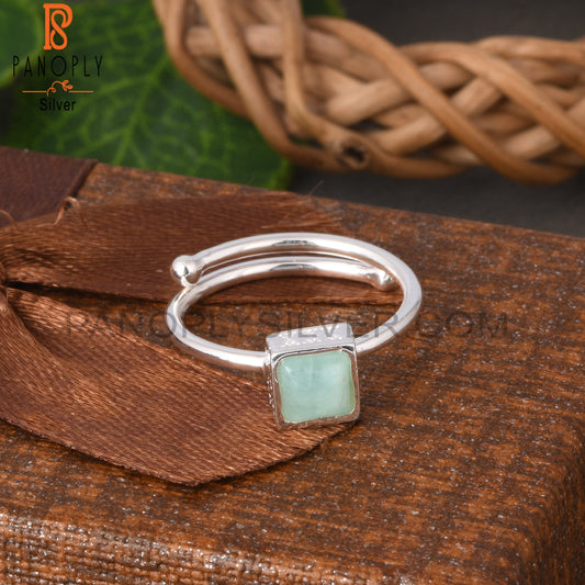 Adjustable Amazonite Square Shape 925 Sterling Silver Ring