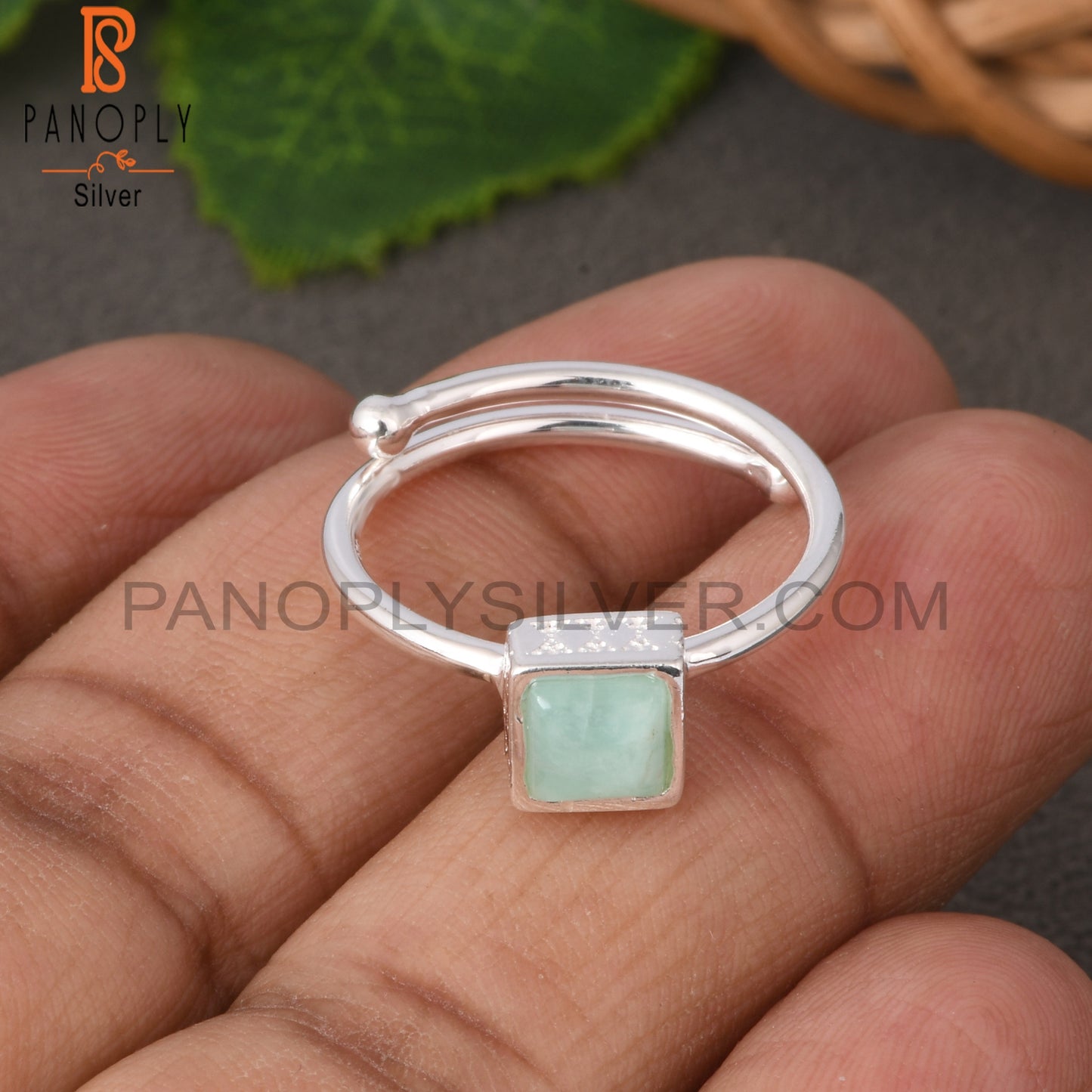 Adjustable Amazonite Square Shape 925 Sterling Silver Ring