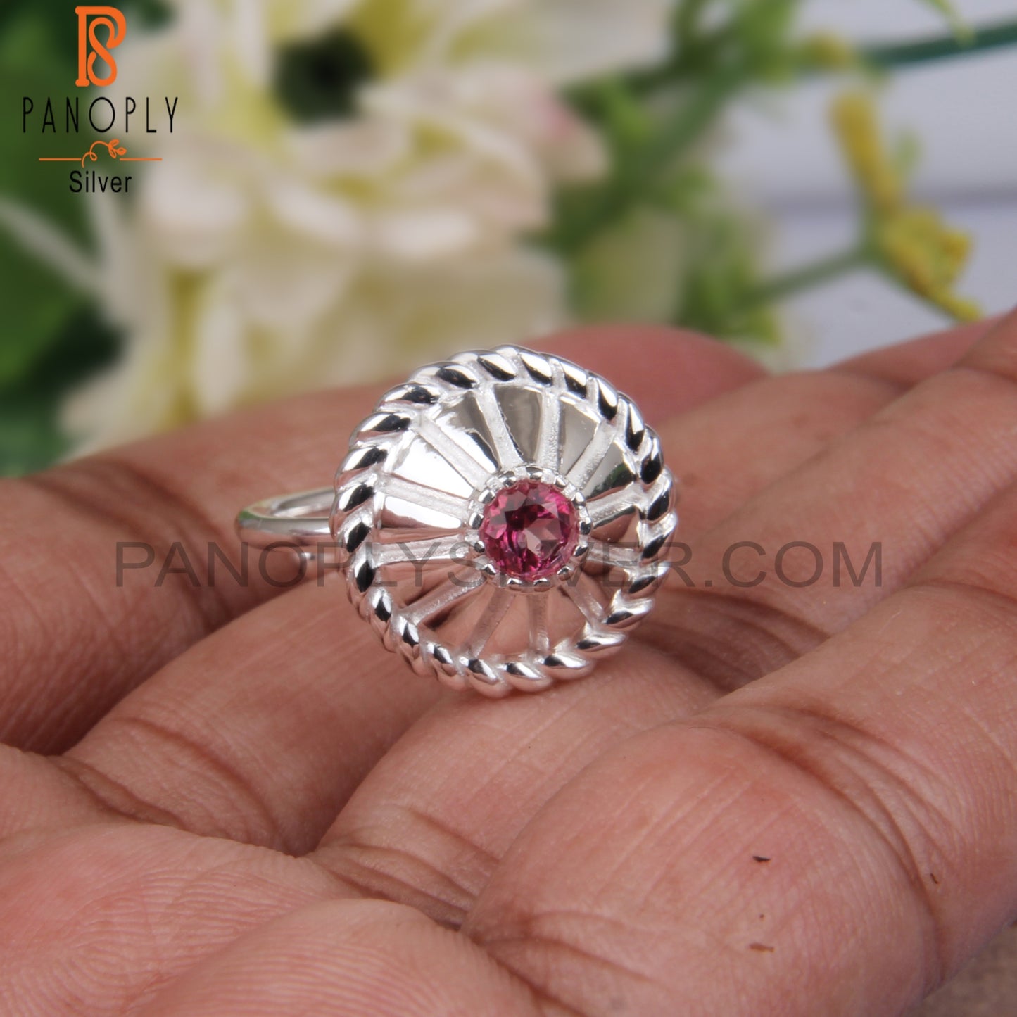 Pink Topaz Round Shape 925 Sterling Silver Chakra Ring