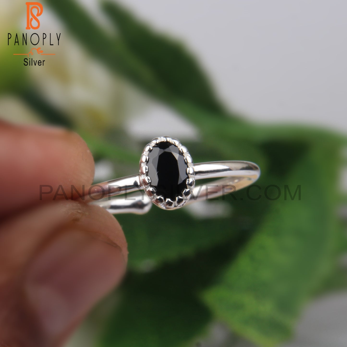 Black Spinel Oval Adjustable 925 Sterling Silver Ring