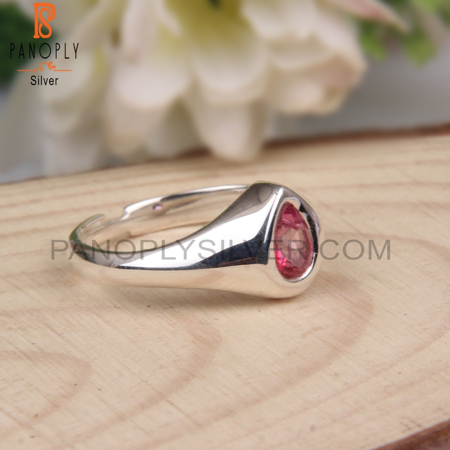 Pink Topaz Signet Pear Shape 925 Sterling Silver Ring