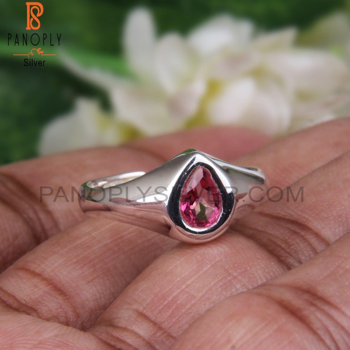 Pink Topaz Signet Pear Shape 925 Sterling Silver Ring