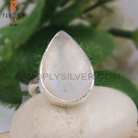 Natural Rainbow Moonstone Pear Shape Silver 925 Ring