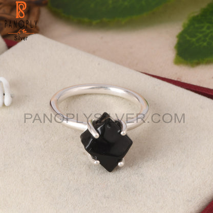 Black Obsidian Rough 925 Silver Cute Simple Prong set Ring